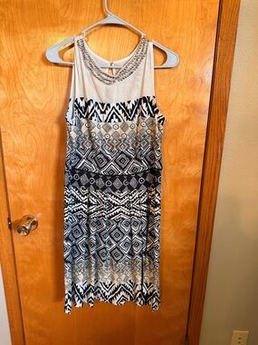 Embellished Black & White Printed Sleeveless Dress